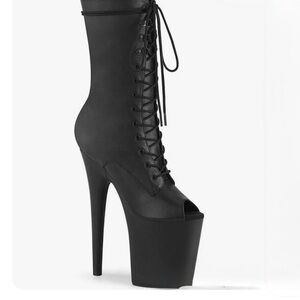 Pleaser Black Platform Boots with Peep-Toe and Lacing Leather, Size 6 US, 8 inch